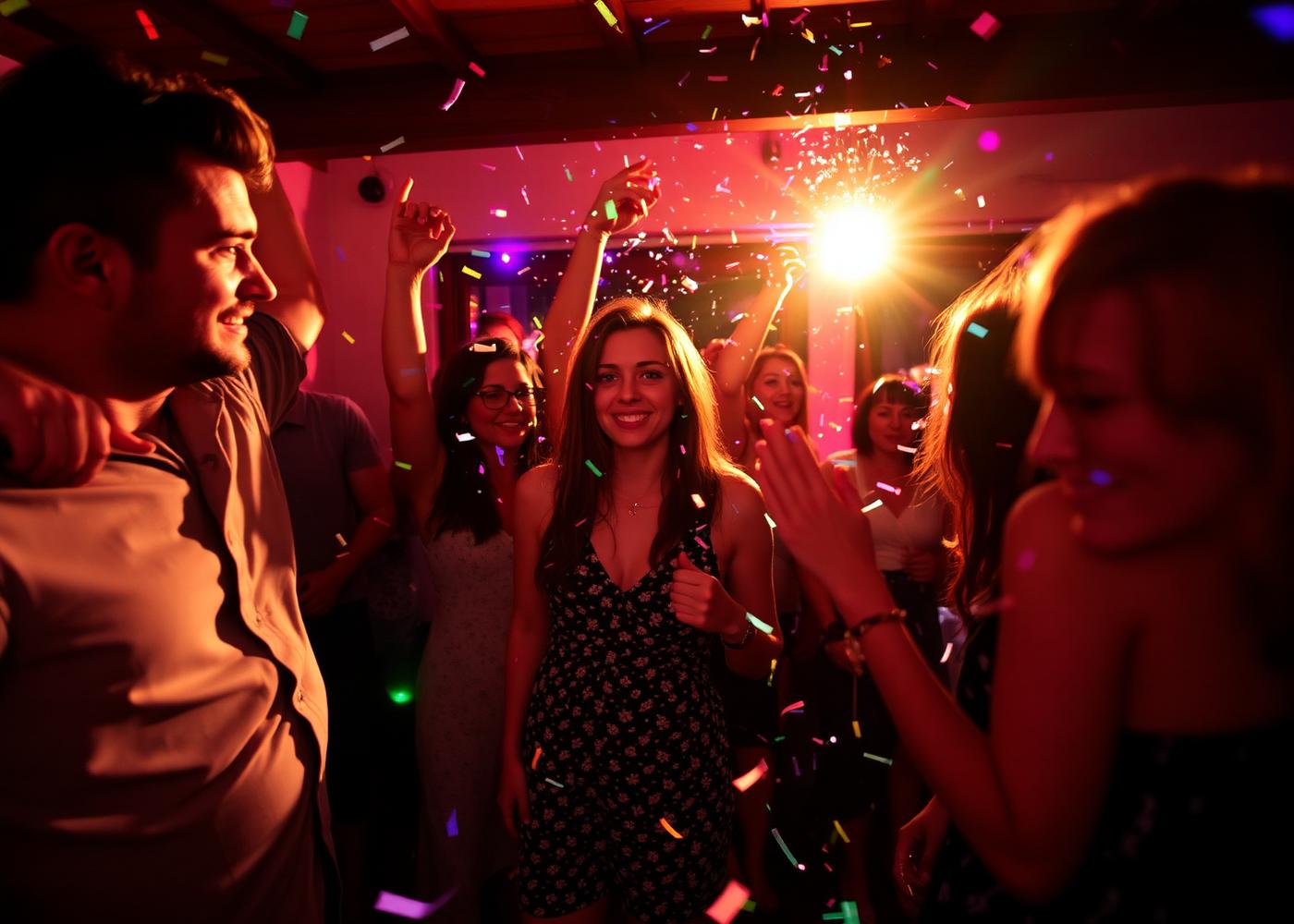 Amis dansant lors d'une soirée avec confettis